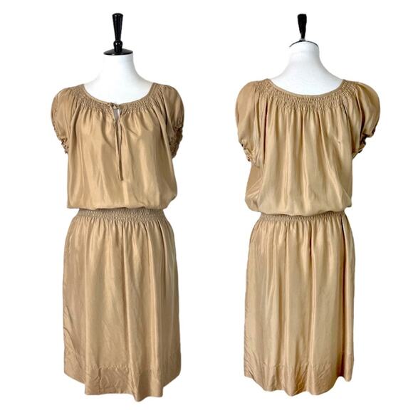 Talbots Dress Smocked Blouson Waist Tan 100% Silk Short Sleeve Women’s Medium M - Picture 12 of 12
